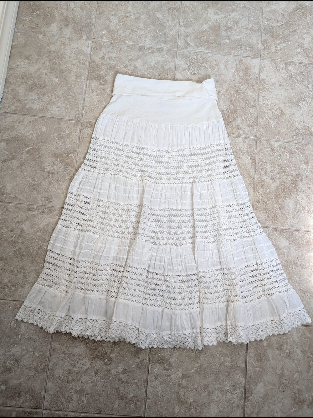 White Tiered Maxi Skirt with Crochet Lace Trim Boho Romantic Cottagecore Size S
